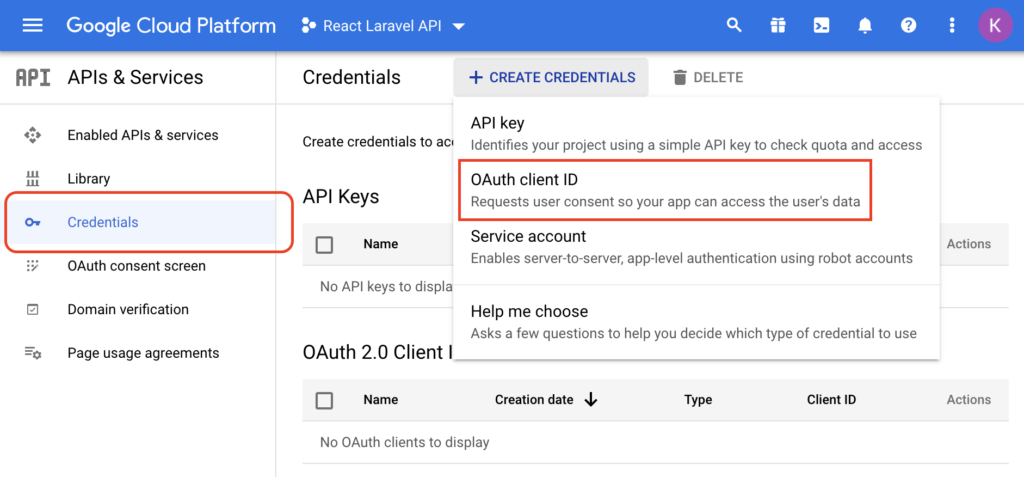 Creating new OAuth client ID