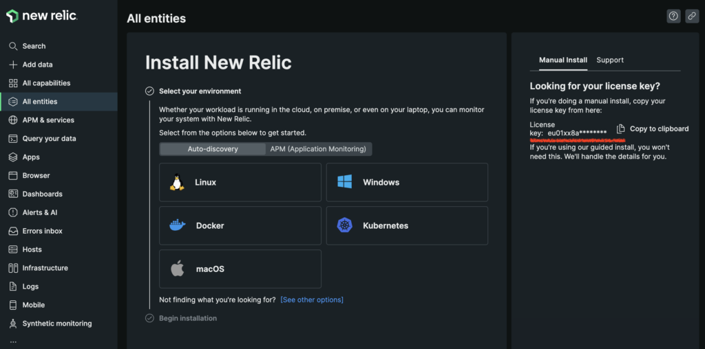 New Relic welcome screen and license key