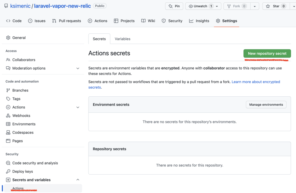 Process of adding GitHub Actions repository secrets